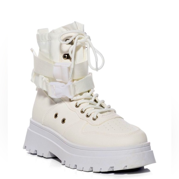 Azalea Wang Shoes - Azalea Wang White Vegan Leather High Top Combat Boots